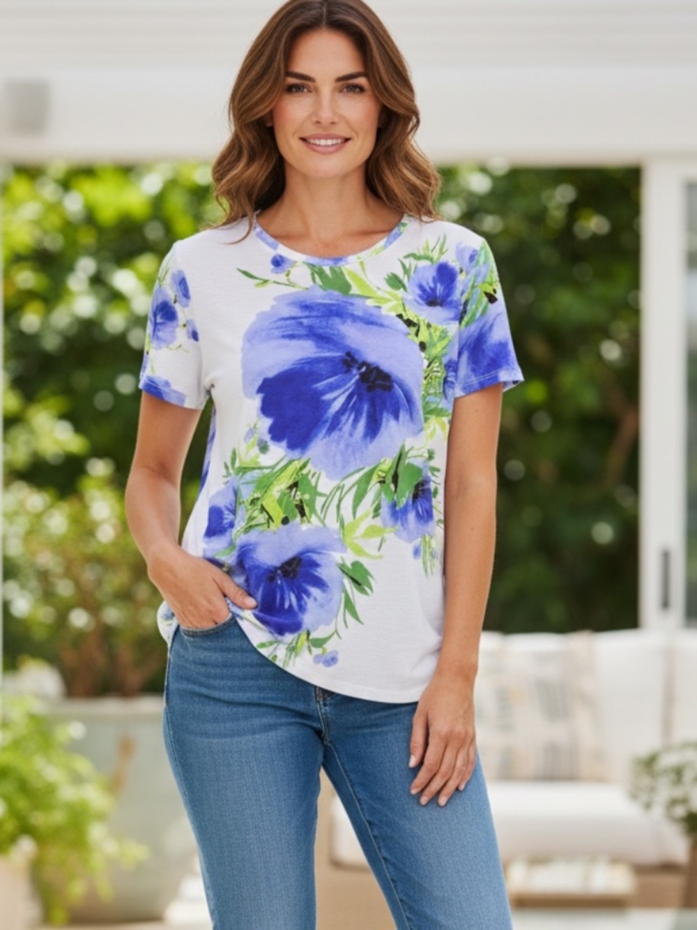 Allison Daley • White Blue Floral Top • Stretch Knit • XL